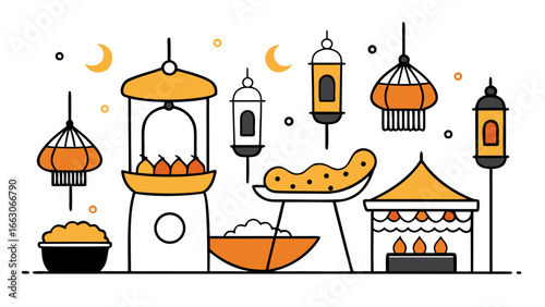Traditional Indian street food and sweets with lanterns and festive decor in minimal flat line art style