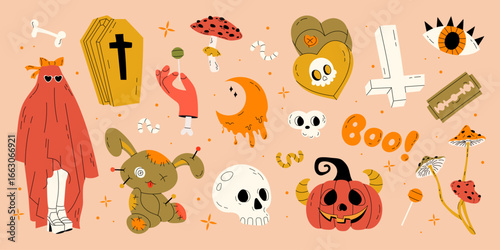 Cute Halloween set. Funny autumn pumpkinghost, eye, voodoo doll, skull, candy, kawaii holiday characters. October design elements, coffin, worm. Isolated flat graphic vector illustration