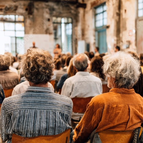 public forum or town hall meeting with citizens engaging in discussions, highlighting the democratic process of dialogue and community involvement, set in an open and inviting space general view.