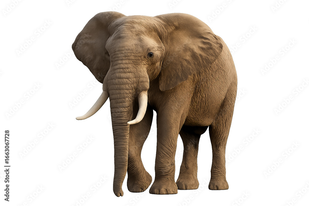 Obraz premium High-resolution photo of an African elephant standing facing forward with long trunk and large ears, isolated on transparent background PNG