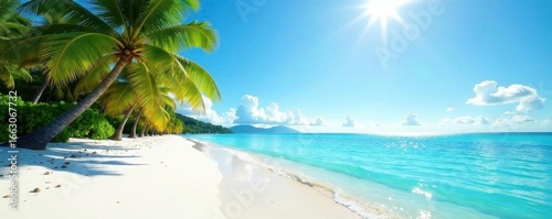 Sun-drenched white sand, turquoise water, palm trees , white sand, tropical paradise, getaway