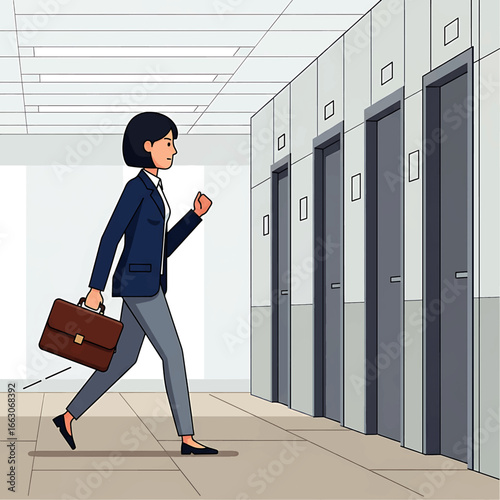 Businesswoman walking down an office hallway towards elevators with briefcase.