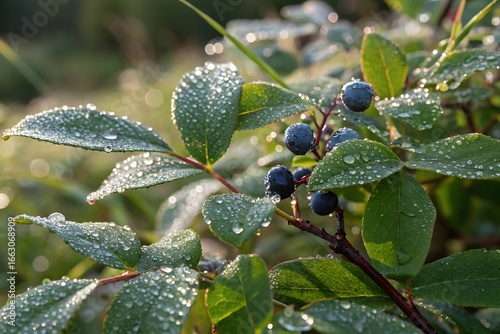Fresh blueberries on plant leaves with morning dew glistening in the sunlight