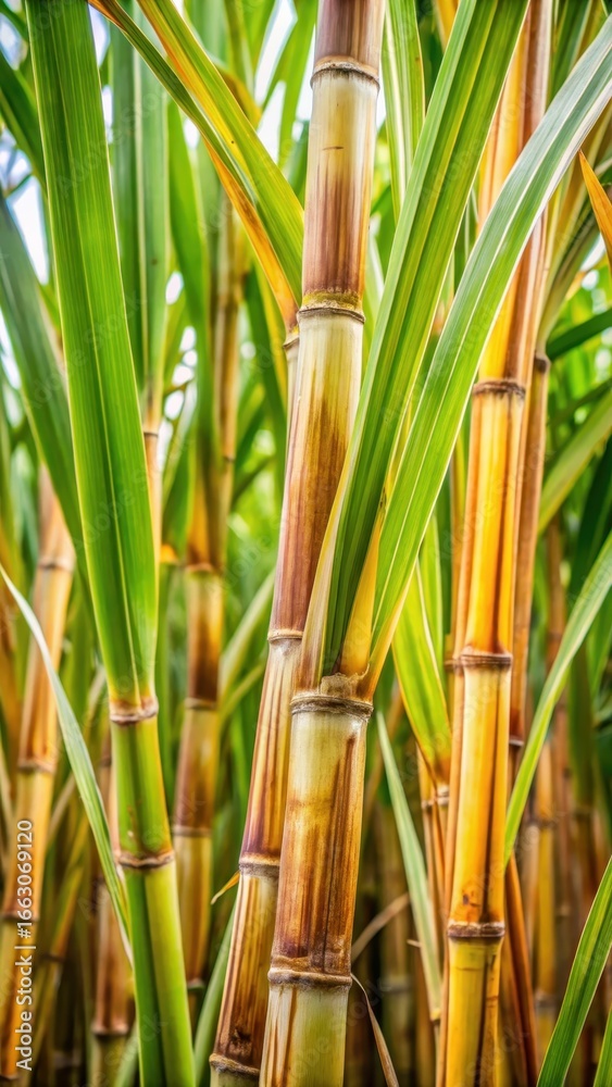 Obraz premium Close-up of sugarcane leaves and stems with intricate details and textures