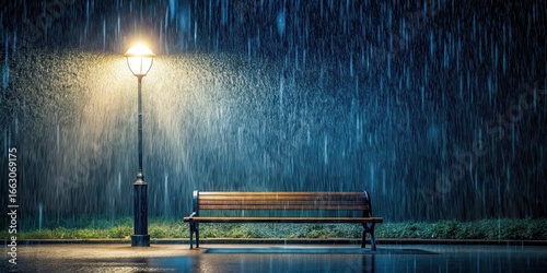 Empty Bench Under a Street Lamp in the Rain at Night