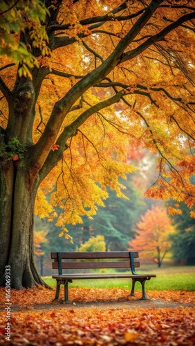 A serene bench nestled under a tree's canopy with leaves gently falling on it in autumn colors