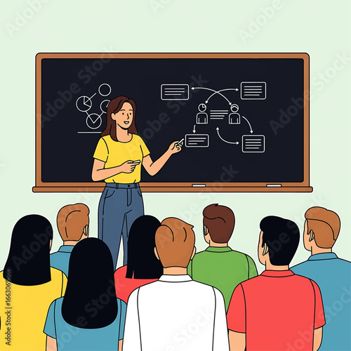 Teacher explaining a diagram on the blackboard to a group of students.