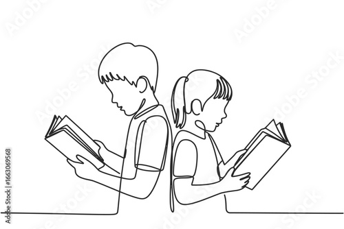Children reading books in a continuous line drawing style