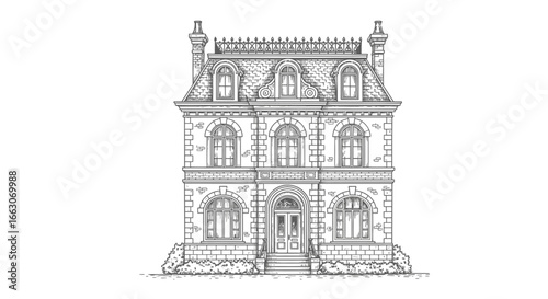 Vector SVG Illustration of Victorian House with Architectural Details in Minimalist Line Art Style for Web and Digital Use