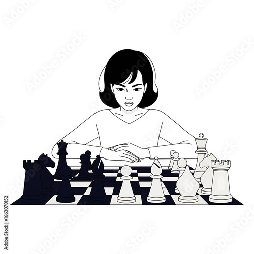 Woman intensely focused on a chess game, contemplating her next move.
