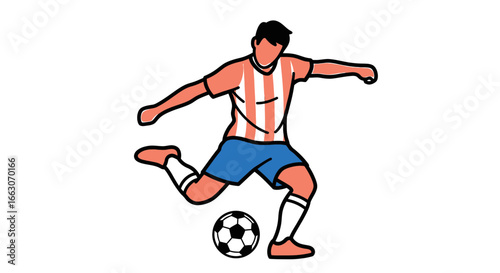 Minimalist Vector SVG Illustration of Soccer Player in Dynamic Pose with Striped Jersey and Ball in Flat Design Style