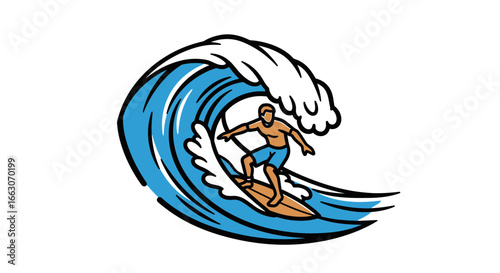 Illustration Vector SVG of Surfer on Wave in Modern Flat Style with Blue and Brown Colors