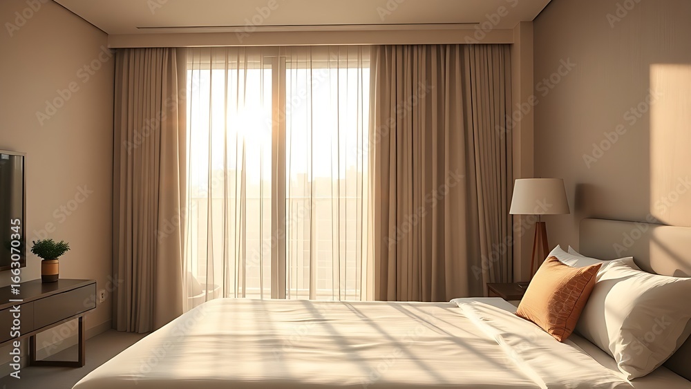Fototapeta premium Serene hotel bedroom bathed in morning light, featuring minimalist decor and a neatly made bed.