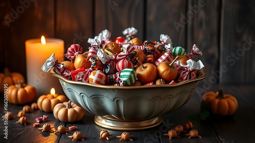 A vintage candy bowl filled with treats and caramel apples, warm candlelight reflecting, nostalgic Halloween atmosphere.