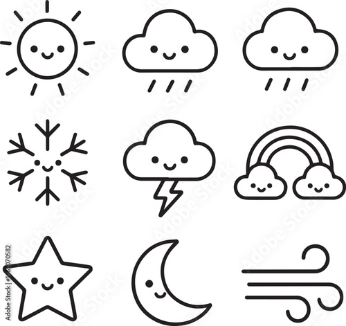 9 cute weather face icons in outline style: sun, cloud, rain cloud, snowflake, thunderstorm, rainbow, star, moon, and wind. Each with a smiling cute face, clean and minimal, consistent design
