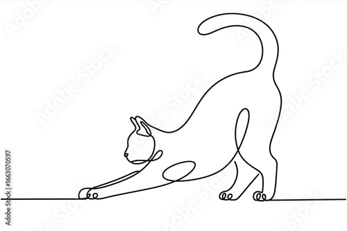 Elegant single line drawing of a cat stretching on a white background