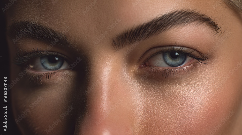 Fototapeta premium Close-up portraits of women with medium-length hair, soft pink lips, radiant ochre complexion; Highlight facial details, emphasizing natural beauty and subtle makeup features.