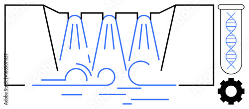 Cascading water through dam spillways, DNA strand in test tube, gear icon. Ideal for themes thumbs up hydropower, biotechnology, innovation, renewable energy, science, engineering simple flat