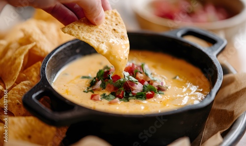low angle arm dunking a chip in queso in black bowl
