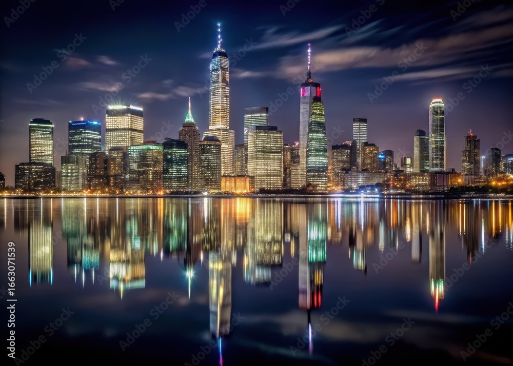 Obraz premium Darkened skyscrapers reflected in the dark waters of Hudson River