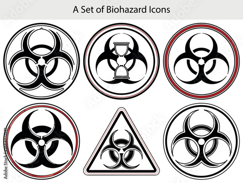 Black biohazard symbols with red accents on white background warning danger
