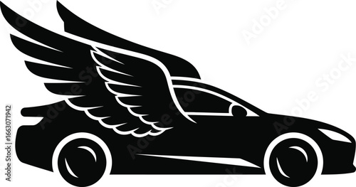 Dynamic modern electric car with wings vector graphic design. Silhouette of a sleek sedan or coupe flying. Creative automotive logo concept for luxury transport or delivery.
