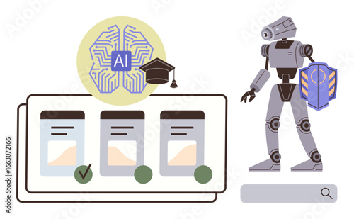 AI brain with circuits, graduate cap, robot holding a shield, decision-making applications. Ideal for education, automation, technology, learning security innovation progress. Simple flat metaphor