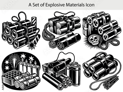 Black and white icons of dynamite sticks fuses and skull explosives