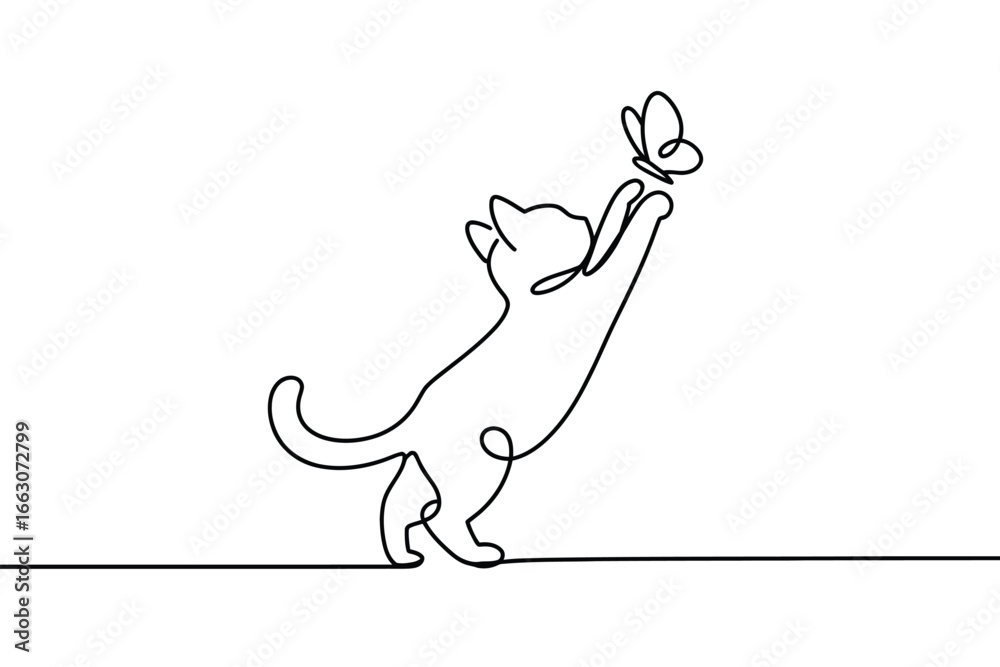 Fototapeta Minimalist line art of a cat reaching for a butterfly