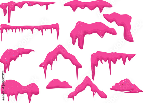 Pink icing drip vector collection with melted frosting effect. Perfect for bakery branding, cake shop designs, candy packaging, and sweet dessert graphic
