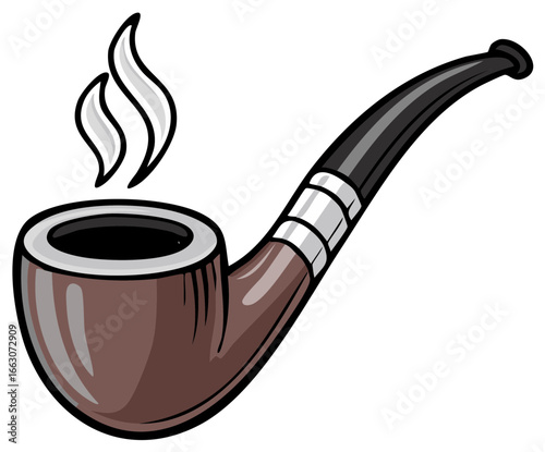Classic cartoon smoking pipe with elegant black mouthpiece and wisps of smoke