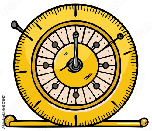 Cartoon illustration of antique style clock with hands and measurements on yellow face