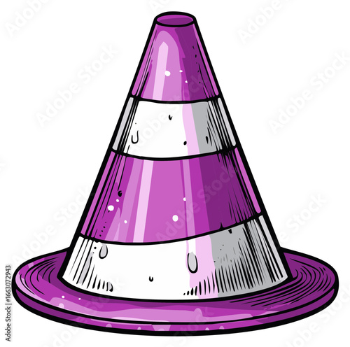 Brightly colored purple and white striped traffic cone with a hand drawn sketch effect