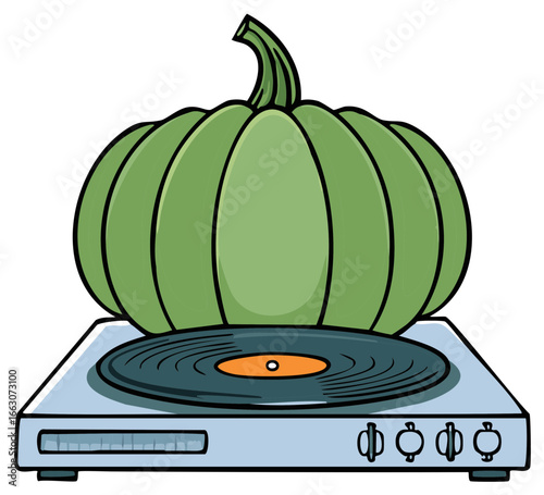 Green Pumpkin on a Record Player Playing a Black Vinyl Record Holiday Season Music Illustration