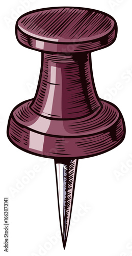 Hand drawn sketch illustration of a maroon pushpin or thumbtack office stationery supply