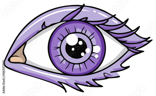 Stylized Purple Eye Cartoon Illustration, Eyelash Design, Vision and Sight, Fantasy Aesthetic