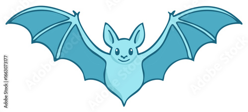 Cute cartoon blue bat with spread wings flying isolated on white background