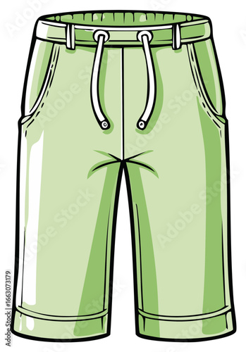 Cartoon Shorts with Drawstring Waistband and Cuffed Hem in Light Green Color