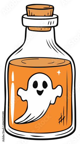 Cute ghost in a bottle with orange liquid and cork stopper cartoon illustration