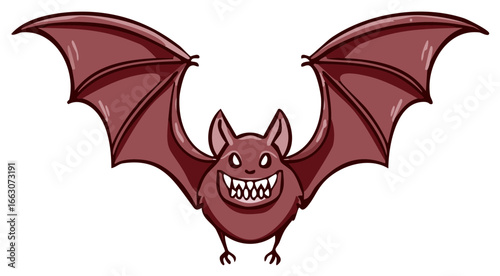 Flying Cartoon Bat Character with Wide Grin and Sharp Fangs Halloween Design