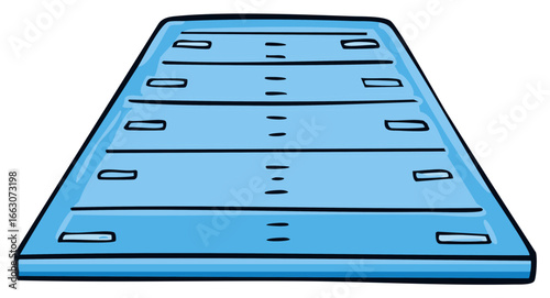 Cartoon illustration of a blue sports field with lines and markings