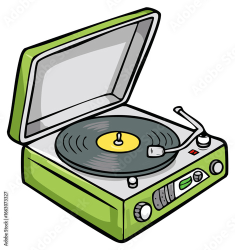 Retro green turntable playing a vinyl record with the lid open.