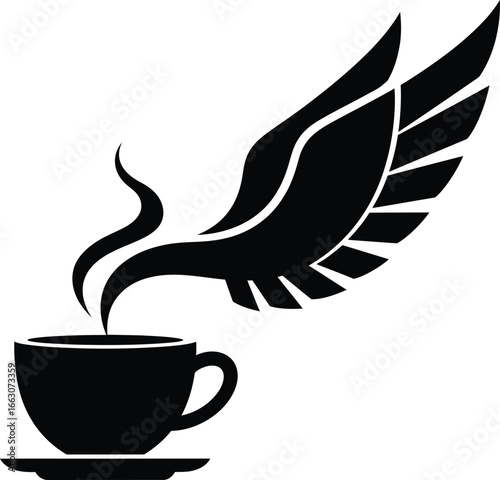A black and white vector icon of a coffee cup with rising steam gracefully transforming into a powerful wing, a modern symbol for instant energy, rapid delivery, and a quick start to the day.