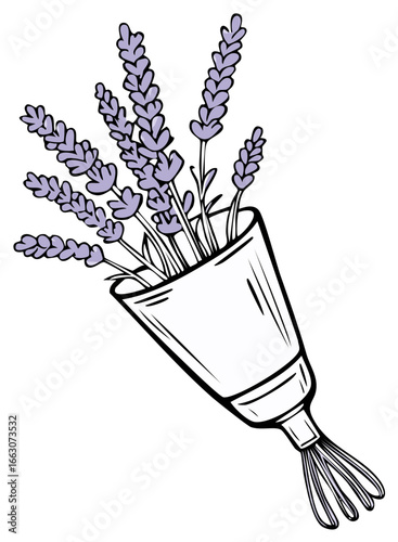 Hand drawn illustration of a lavender flower bouquet with purple blossoms in a simple wrap
