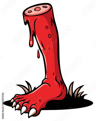 Severed Bloody Monster Leg on Grass Illustration Halloween or Horror Theme