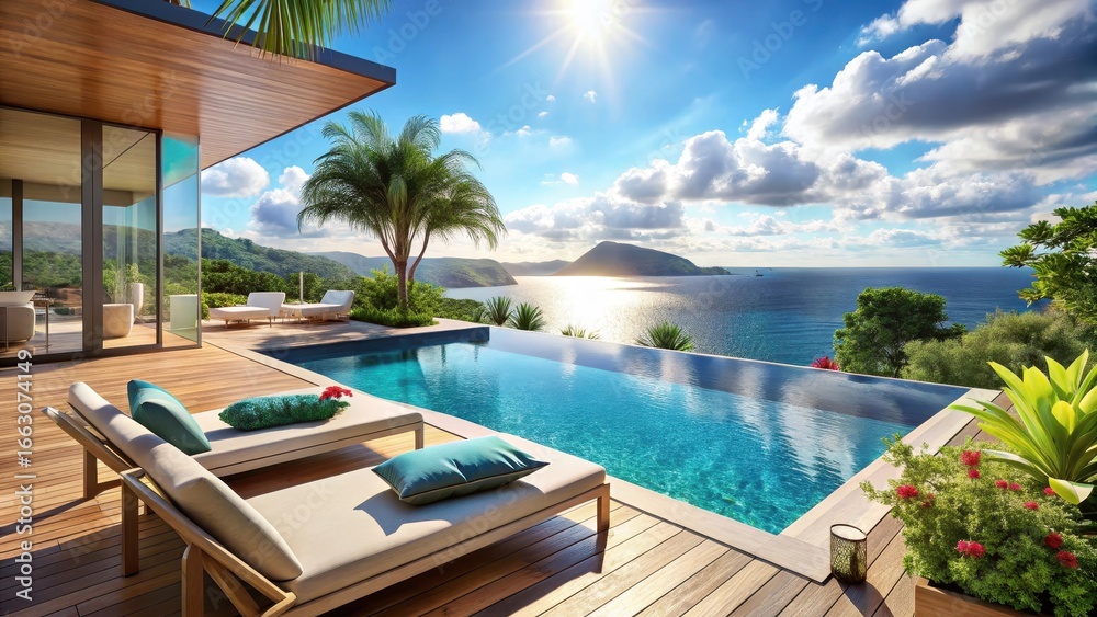 Fototapeta premium villa terrace with sparkling pool and tropical island landscape