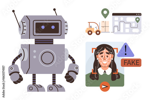 Robot analyzing facial recognition data, map navigation screen, and fake detection alert. Ideal for AI, machine learning, fraud prevention, automation, technology, innovation and cybersecurity