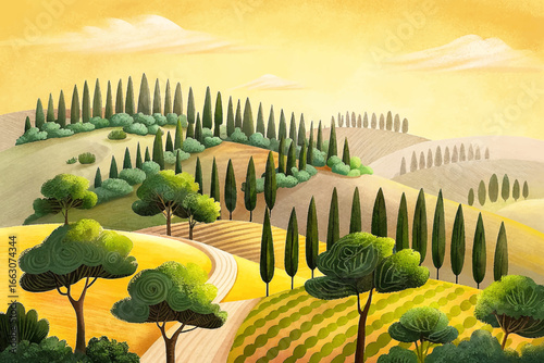 Abstract Italian countryside landscape with rolling hills, tall pines, and cypress trees, creating a serene Mediterranean vibe backgrounds, posters, and artistic designs.