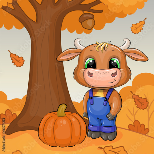 A cute cartoon Bull with pumpkin in nature. Autumn vector illustration of animal on orange background with big tree and leaves.