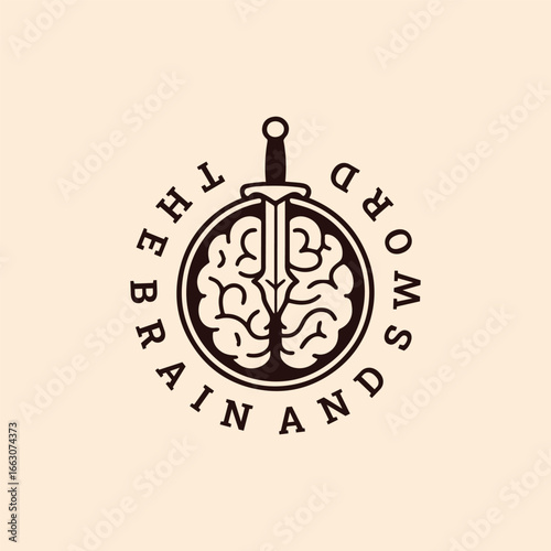 Brain sword logo in vintage design, icon of intellect and force.